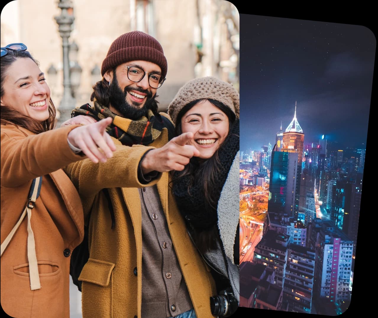 2 women and one man posing for the camera. a night sky image of a tower and city